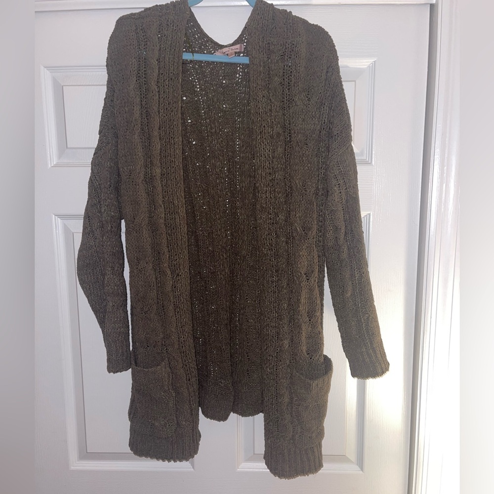 Love Tree Olive Green Long Open Cardigan Sweater Cable Knit Large